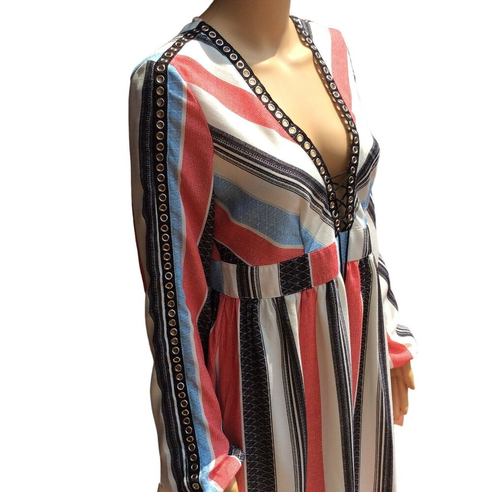 AMT Size M Long Puff Sleeve Dress Gypsy Boho Retro V-Neck Tassel Lace-up Striped - Picture 5 of 13